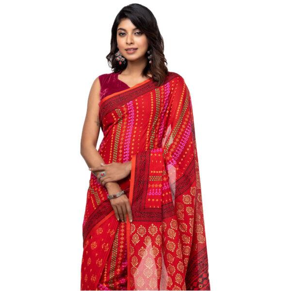 Red Printed Cotton Saree