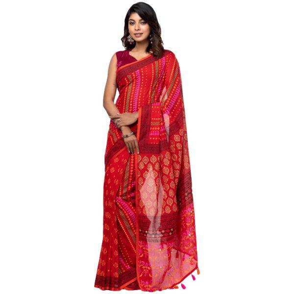 Red Printed Cotton Saree - Image 2