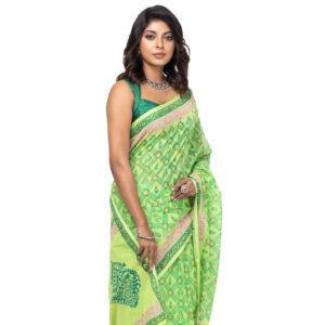 Parrot Green Printed Cotton Saree
