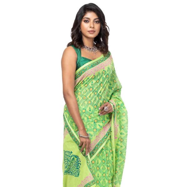 Parrot Green Printed Cotton Saree
