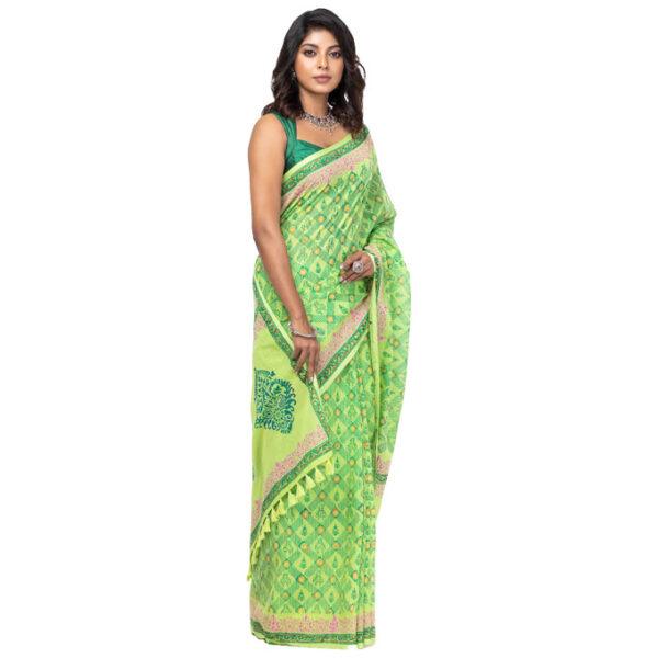 Parrot Green Printed Cotton Saree - Image 2
