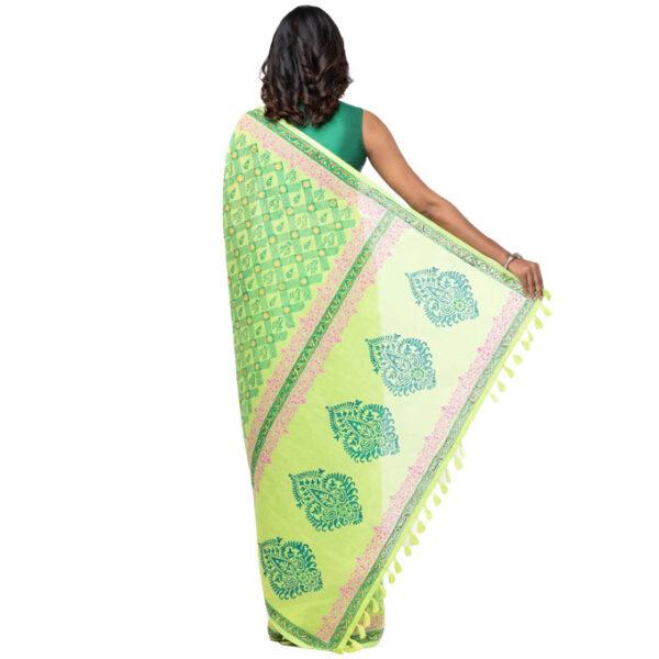 Parrot Green Printed Cotton Saree - Image 3