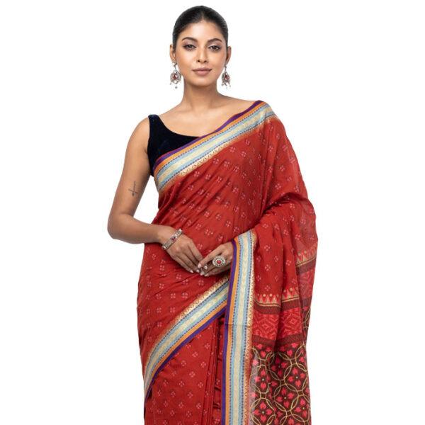 Red Printed and Embroidered Cotton Saree