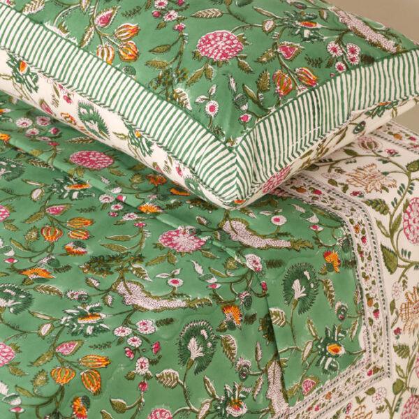 Hand Block Printed 100% Cotton Bedsheet - Forest Green Floral