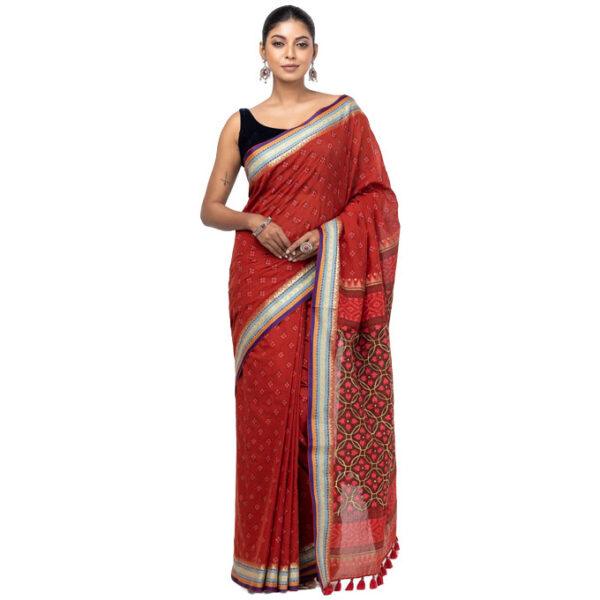 Red Printed and Embroidered Cotton Saree - Image 2