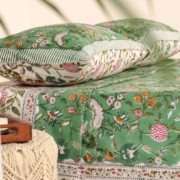 Hand Block Printed 100% Cotton Bedsheet - Forest Green Floral - Image 3