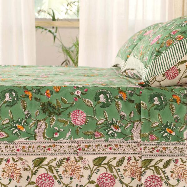 Hand Block Printed 100% Cotton Bedsheet - Forest Green Floral - Image 4
