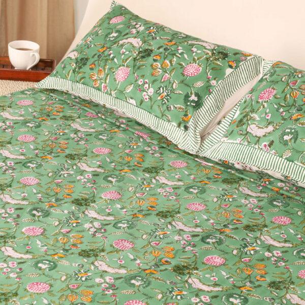 Hand Block Printed 100% Cotton Bedsheet - Forest Green Floral - Image 5
