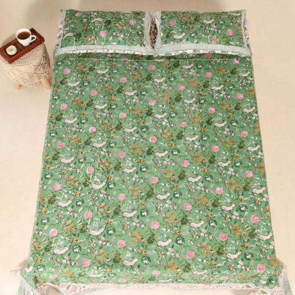 Hand Block Printed 100% Cotton Bedsheet - Forest Green Floral - Image 6