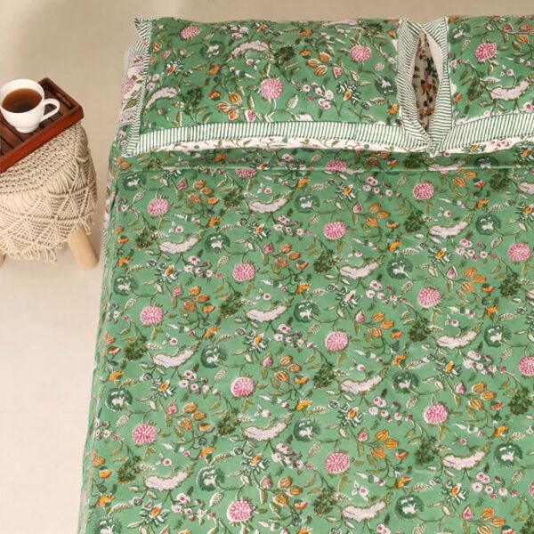 Hand Block Printed 100% Cotton Bedsheet - Forest Green Floral - Image 7