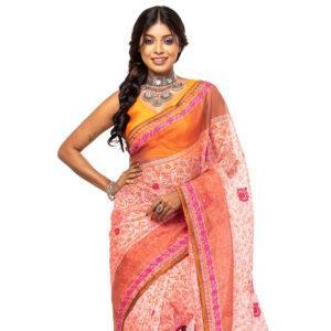 Light pink Printed and Nakshi Kantha Embroidered Muslin Saree