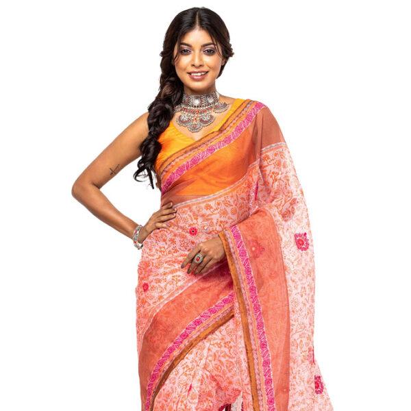 Light pink Printed and Nakshi Kantha Embroidered Muslin Saree
