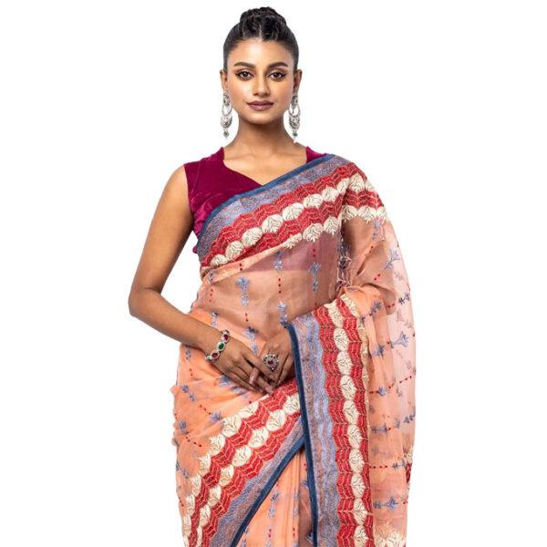 Peach Nakshi Kantha Embroidered Muslin Saree
