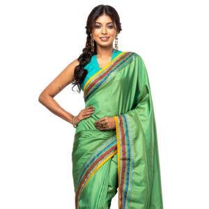Parrot Green Printed and Nakshi Kantha Embroidered Silk Saree