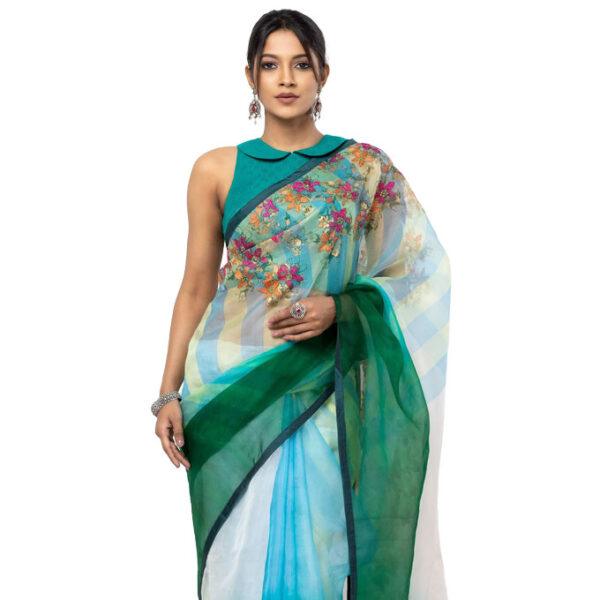 Blue/Green Dyed and Nakshi Kantha Embroidered Muslin Saree