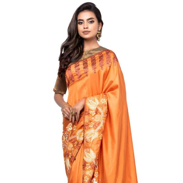 Orange Nakshi Kantha Embroidered Silk Saree