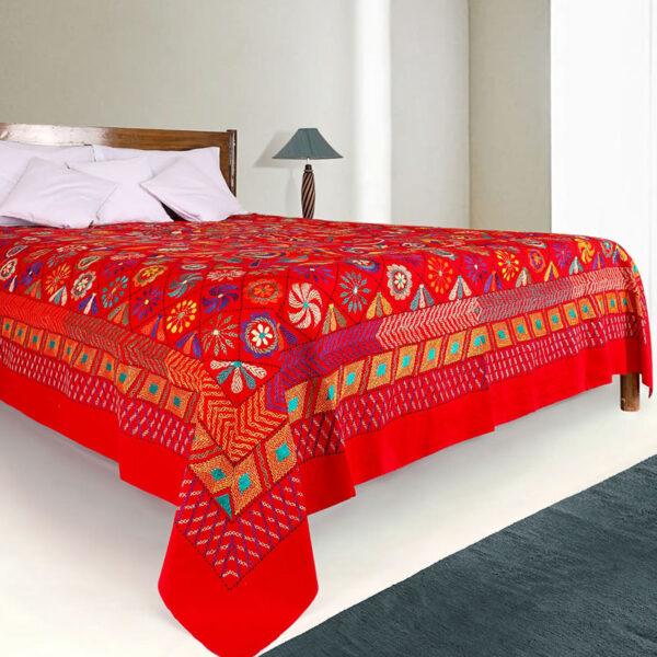Red Nakshi Kantha Embroidered Cotton Bed Cover
