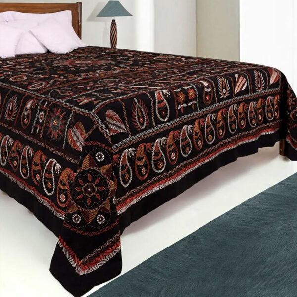 Black Nakshi Kantha Embroidered Cotton Bed Cover