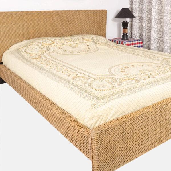 Beige Nakshi Kantha Embroidered Cotton Bed Cover