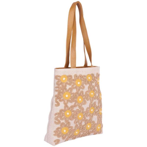 Beige Erri Embroidered Jute Cotton Bag
