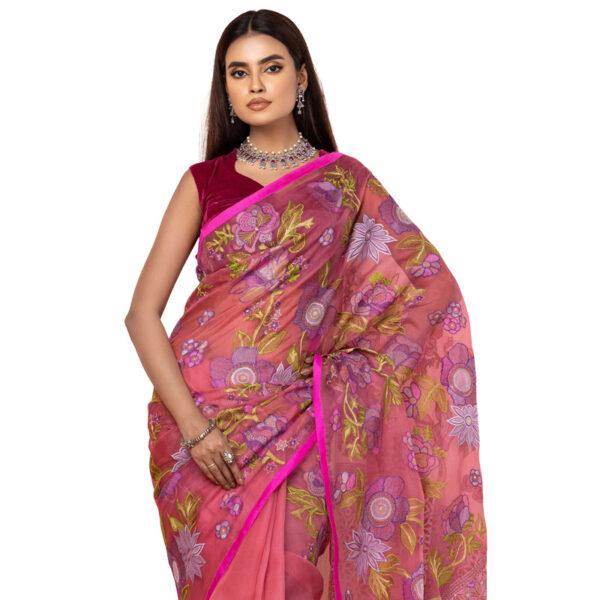 Pink Printed and Embroidered Muslin Saree
