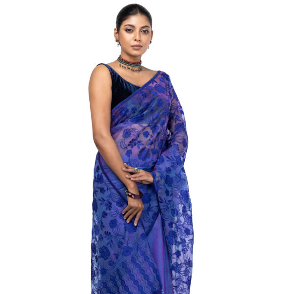 Blue/Purple Dual Tone Appliqued and Embroidered Muslin Saree
