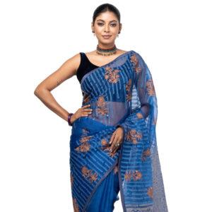 Blue Appliqued and Embroidered Muslin Saree