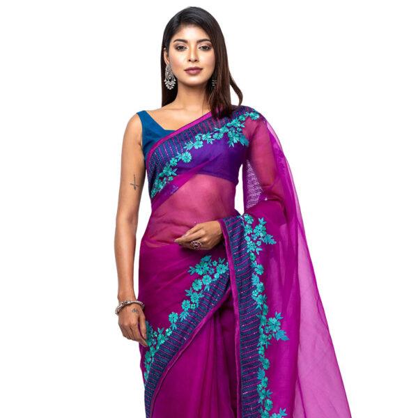 Purple Printed and Embroidered Muslin Saree