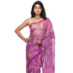 Purple Appliqued and Embroidered Muslin Saree
