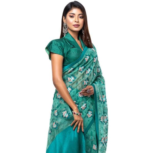 Green Printed and Embroidered Muslin Saree