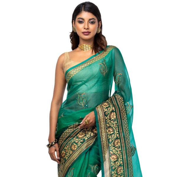 Purple Appliqued and Embroidered Muslin Saree