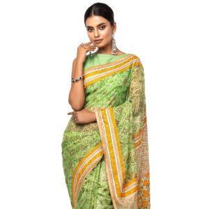 Green Printed and Embroidered Muslin Saree