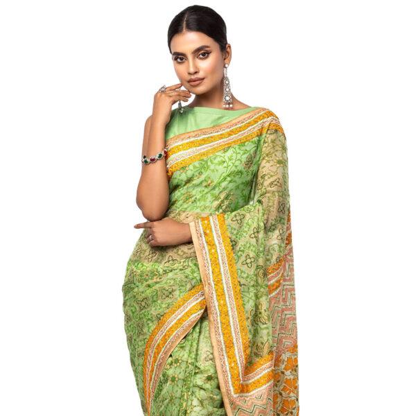 Green Printed and Embroidered Muslin Saree