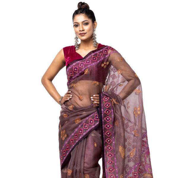 Mauve Appliqued and Embroidered Muslin Saree