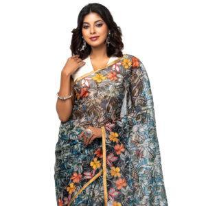 Multicolour Printed and Embroidered Muslin Saree