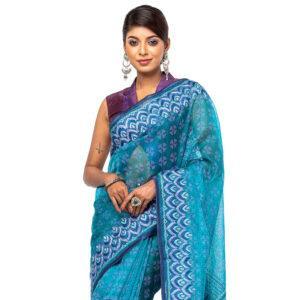Teal Printed and Embroidered Muslin Saree