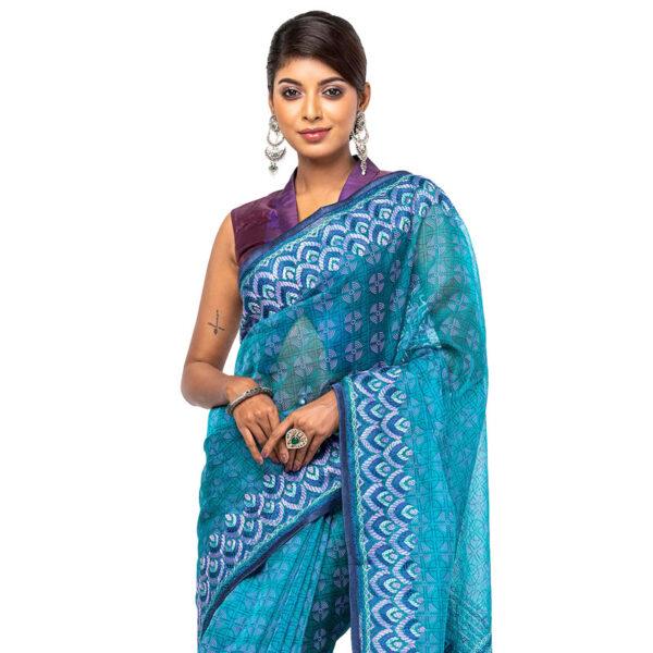 Teal Printed and Embroidered Muslin Saree