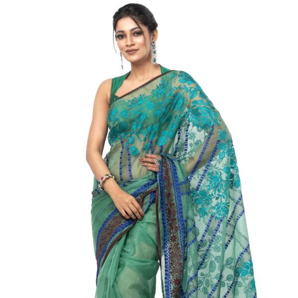 Forest Green Printed and Embroidered Muslin Saree
