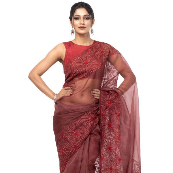 Coffee Appliqued and Embroidered Muslin Saree