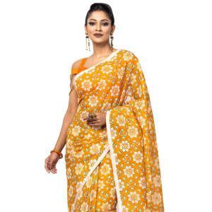 Orange Printed and Embroidered Muslin Saree