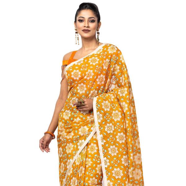 Orange Printed and Embroidered Muslin Saree