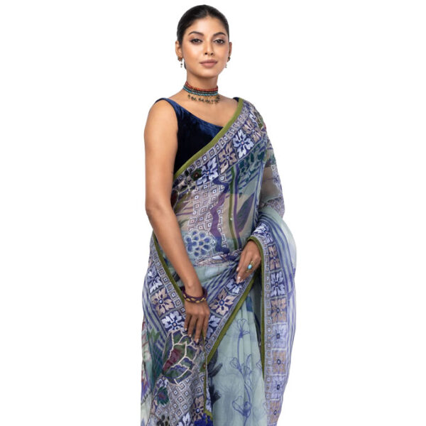 Slate Green Printed and Embroidered Muslin Saree