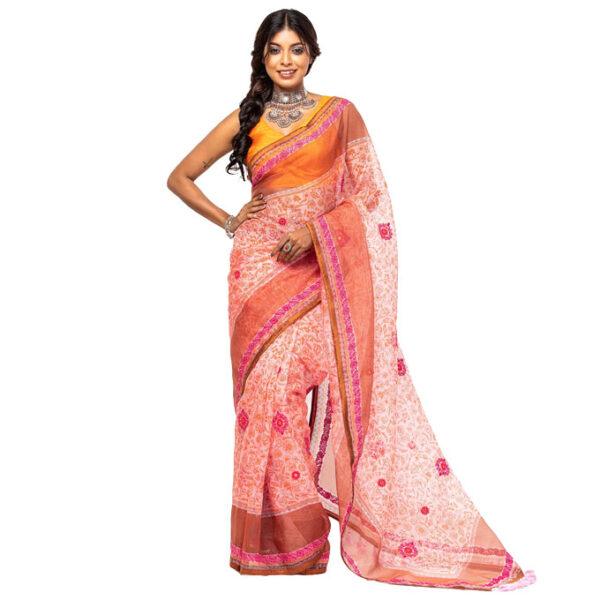 Light pink Printed and Nakshi Kantha Embroidered Muslin Saree - Image 2