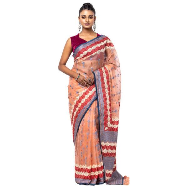 Peach Nakshi Kantha Embroidered Muslin Saree - Image 2