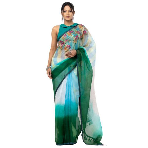 Blue/Green Dyed and Nakshi Kantha Embroidered Muslin Saree - Image 2
