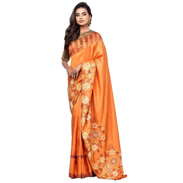 Orange Nakshi Kantha Embroidered Silk Saree - Image 2
