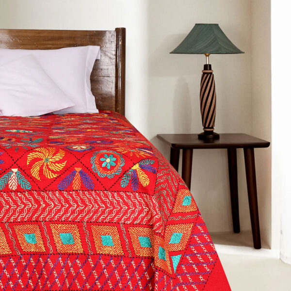 Red Nakshi Kantha Embroidered Cotton Bed Cover - Image 2