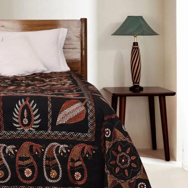 Black Nakshi Kantha Embroidered Cotton Bed Cover - Image 2