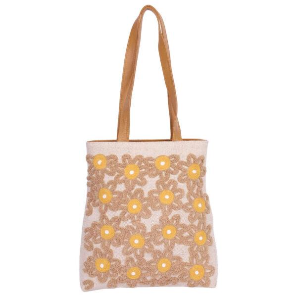 Beige Erri Embroidered Jute Cotton Bag - Image 2