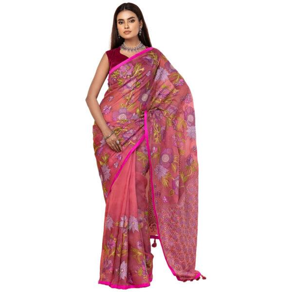 Pink Printed and Embroidered Muslin Saree - Image 2